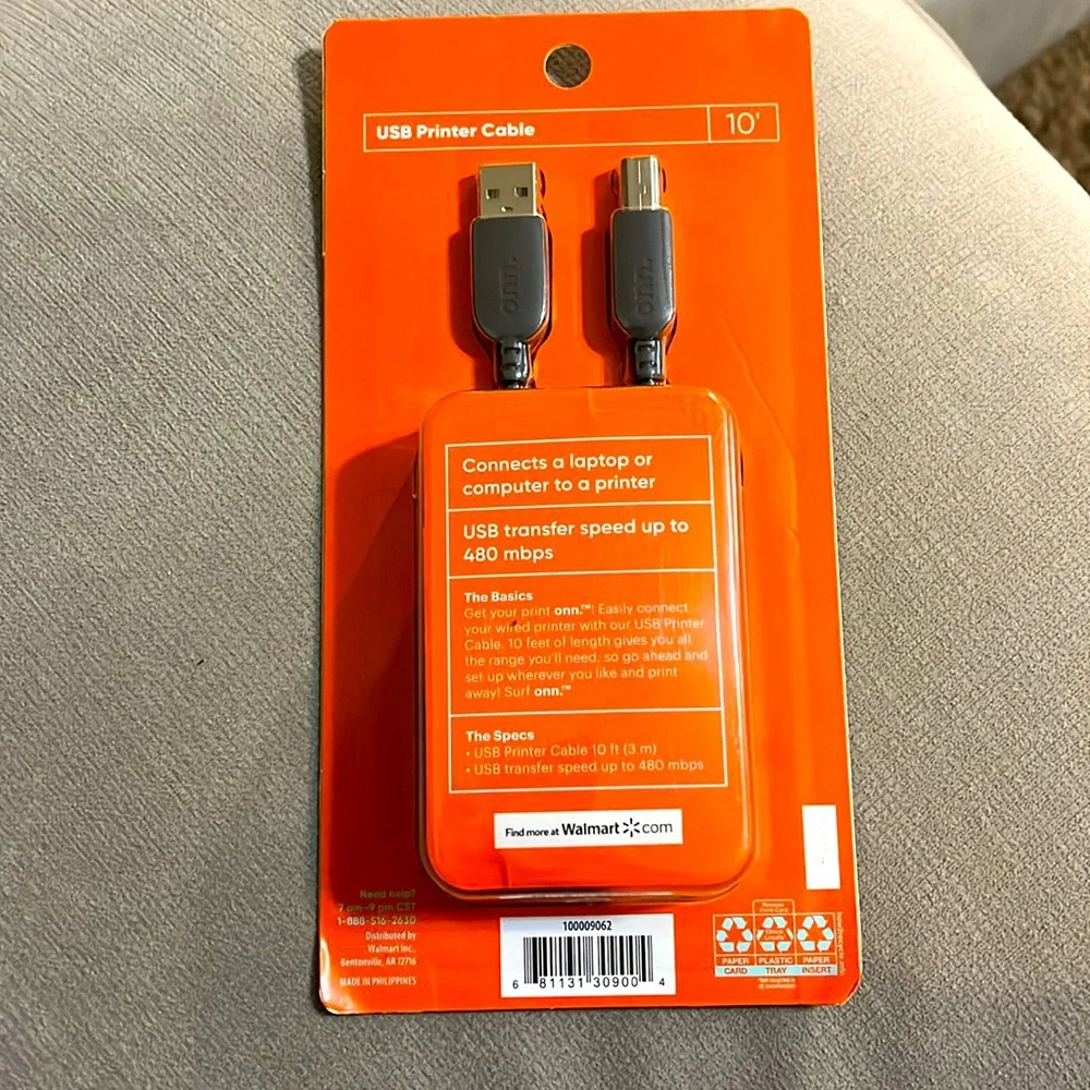 NWT - onn. 10ft USB Printer Cable, USB to USB-B, Gray, 1 Piece per Pack